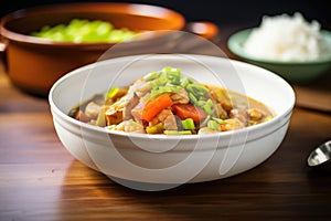 side view of a bowl of gumbo with shrimp on top