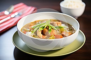 side view of a bowl of gumbo with shrimp on top