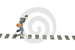 Side view of a boy pupil student running on zebra crossing crosswalk. Isolated on a white background