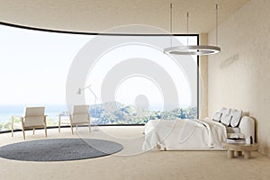 Side view on bright bedroom interior with bed, panoramic window