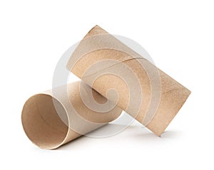 Side view of brown tissue paper cores in stack isolated on white background with clipping path photo