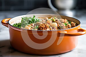 side view of bubbling cassoulet in pot