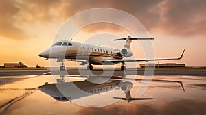 Side view of a business private jet airplane parked outside. Luxury business jet ready for boarding.
