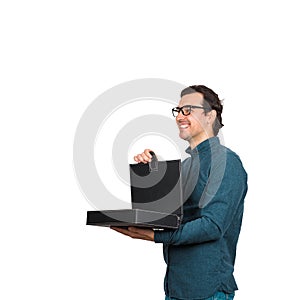 Side view businessman opening his briefcase, overjoyed facial expression,  on white background with copy space. Happy