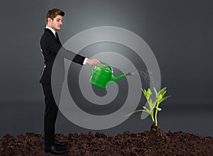 Side view of businessman watering plant