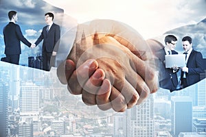 Side view of businessmen shaking hands on blurry city background