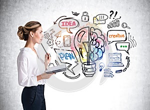 Side view of businesswoman in formal wear checking her notes in folder and standing in front of concrete wall with colorful