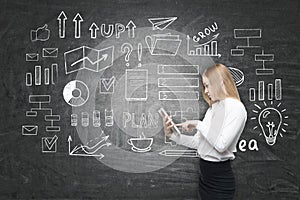 Side view of a businesswoman with long hair near a startup idea