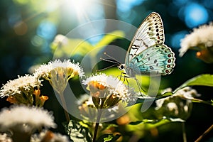 Side View of Butterfly Insect Alight on Flowering Plants in Forest at Morning Sunshine