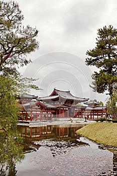 Side view of Byodoin temple from across a pond