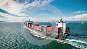 side view of cargo maritime ship with contrail in the ocean ship carrying container and running for export concept technology
