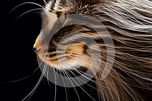 Side view of cat head with long whiskers on dark background