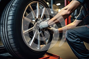 Side view of Caucasian male mechanic repairing car wheel in auto repair shop, Car mechanic working in garage and changing wheel