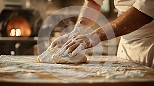 side view of chef kneading pizza dough on wooden table