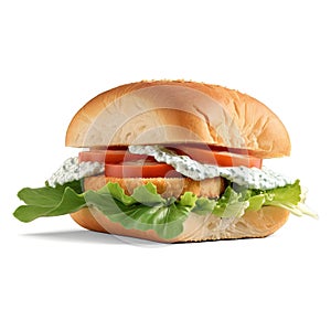 A side view of a classic fish sandwich, showcasing a crispy fried fillet nestled in a soft bun,