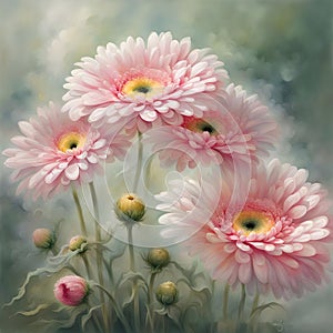 Side view of close-up corollas of pink gerberas in a light, variegated watercolor color with gradient light gray background