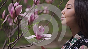 Side view close-up of happy gorgeous Asian woman enjoying fragrance of pink sakura flowers on tree in sunny spring park