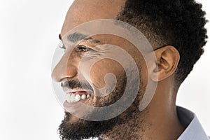 Side close up portrait of happy young African American man