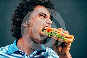 Side view of close-up portrait of young handsome man eating a healthy burger. Hungry man in a fast food restaurant eating a