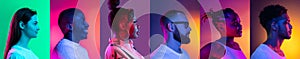Collage of side view portraits of young smiling people isolated over multicolored backgrounds in neon light. Flyer.