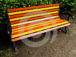 Side view of colorful empty bench in garden