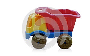 side view colorful plastic truck toy on white background, object, toy, play, banner, template, decor, copy space