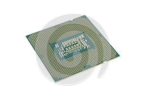 Side view computer processor isolated on white background. CPU. Central processor unit. Computer hardware technology. Integrated