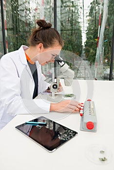 Side view of confident female scientist examining leaves under m