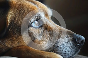 Side view of a contemplative dog with a focus on the eye