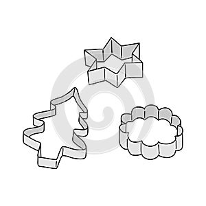 Side view of cookie cutters in different shapes, star, round, Christmas tree, doodle style vector
