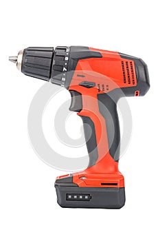 Side view of cordless 12V drill driver powered by Li-ion battery with keyless chuck in red and black rubberized reinforced plastic