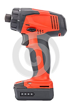 Side view of cordless 12V screwdriver powered by Li-ion battery with hexagonal chuck in red and black rubberized reinforced