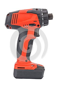 Side view of cordless 12V screwdriver powered by Li-ion battery with hexagonal chuck in red and black rubberized reinforced