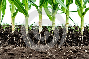 Side view of corn plant in soil emphasizing roots and maize growth. Concept Corn plant roots, Maize