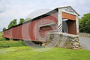 Side view of covered Herrs Mill bridge