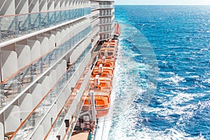 Side view of cruise ship on the blue sky background with copy space
