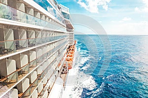 Side view of cruise ship on the blue sky background with copy space, blue tone