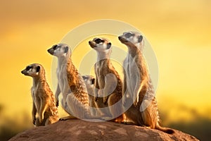 Side view of curios Meerkats standing on top of rock Generative AI