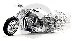 Side view of a Custom black motorcycle with dispersion effects on a white background. photo