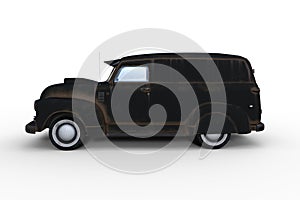 Side view 3D rendering of an old black retro American panel van isolated on white background