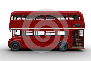 Side view 3D rendering of a vintage red double decker London bus isolated on white