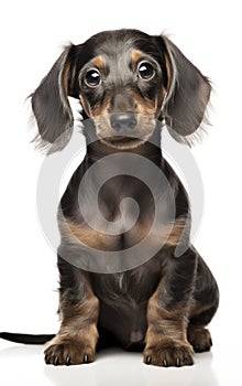 Side view of a Dachshund dog sitting at the camera in front isolated of white background