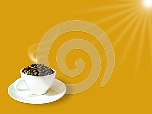 Side view. Dark brown coffee beans in white coffee cup and saucer, white smoke and lens flare