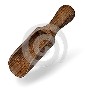 side view of dark brown empty wooden scoop isolated on white