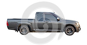 Side view of dark gray pickup truck isolated on white background with clipping path