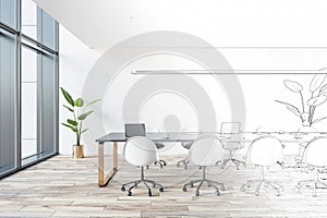 Side view of design project of conference room with office table and chairs. 3D Rendering