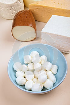 side view of different kind of cheese on white background