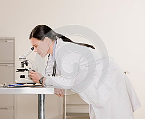 Side view of doctor examining specimen