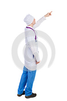 Side view of doctor in robe pointing.