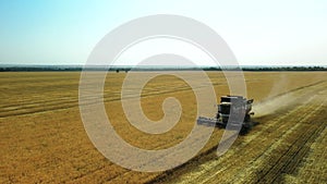 Side view from a drone of a combine harvester working in a wheat field. The harvester agricultural machine harvests a